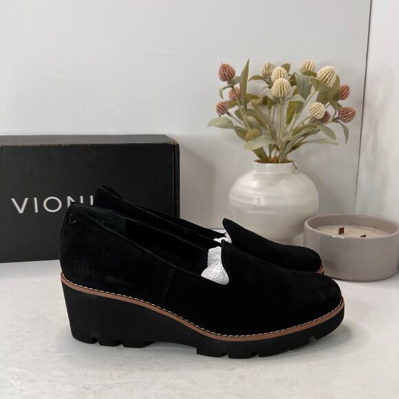Vionic Willa Wedge Loafers Suede Slip On Black Women's 8.5 NWD Water Repellent - Picture 3 of 12